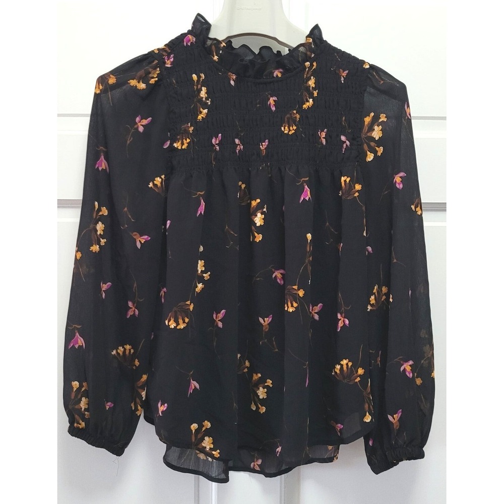 Madewell Crinkle Georgette Ruffle-Collar Smocked Blouse Fresia Floral Black - XS